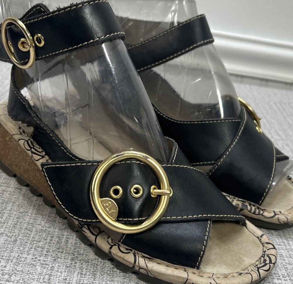 Fly London Tram 2 Brooklyn Black Slingback Wedge Sandal Size 38 / 8 Gold Buckle